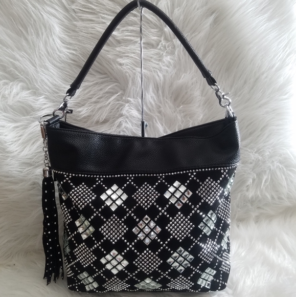BLACK RHINESTONE BLOCK DESIGN HOBO BAG - Picture 1 of 6